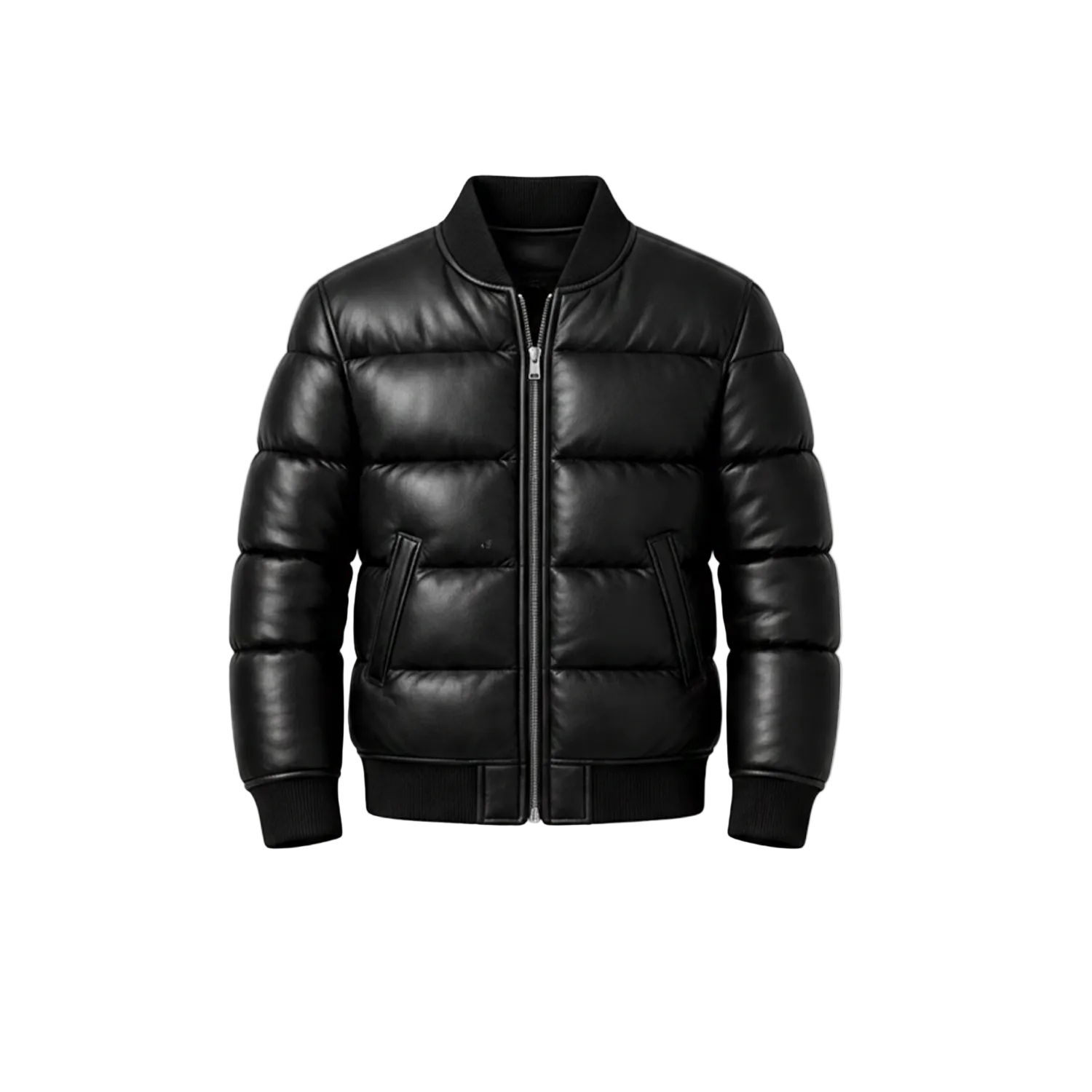 Black puffer jacket on a white background with a brand logo.