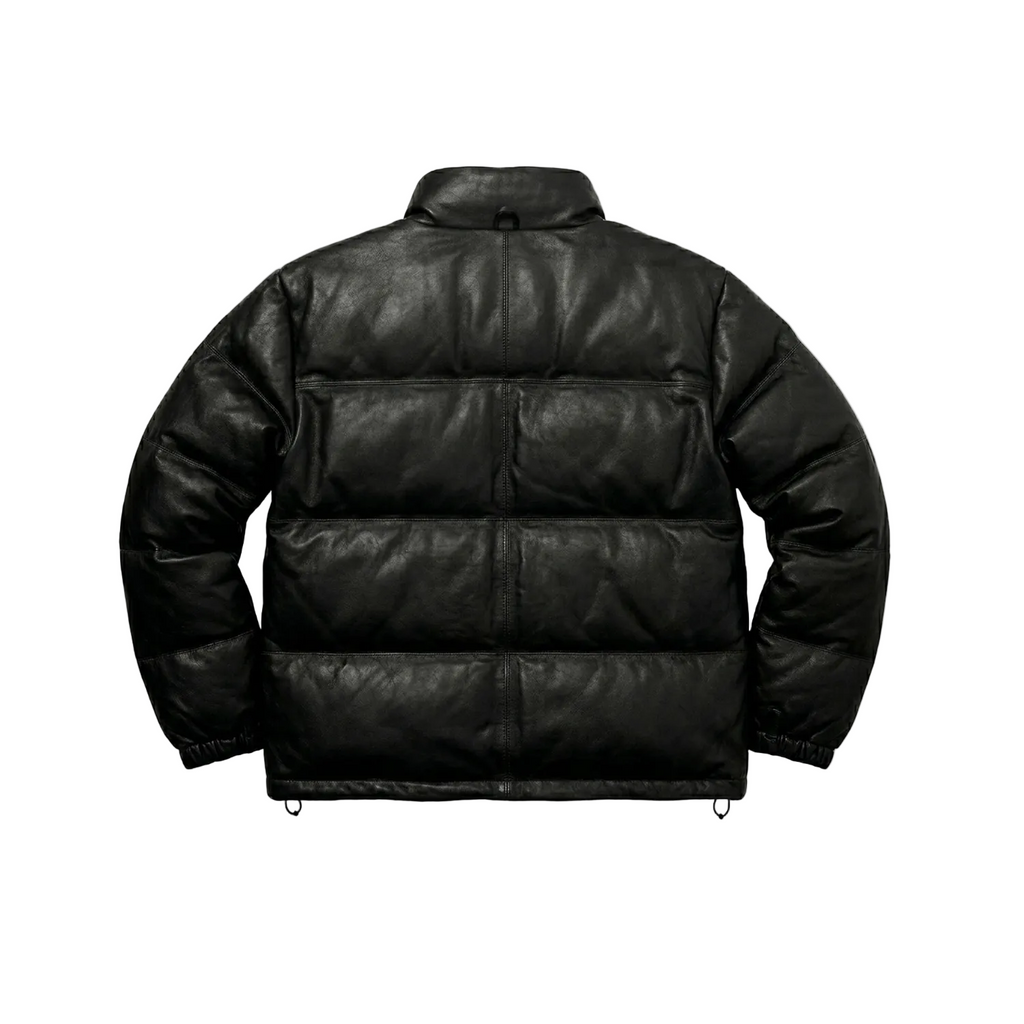 Black puffer jacket on a white background with a brand logo in the corner.