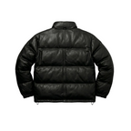 Black puffer jacket on a white background with a brand logo in the corner.