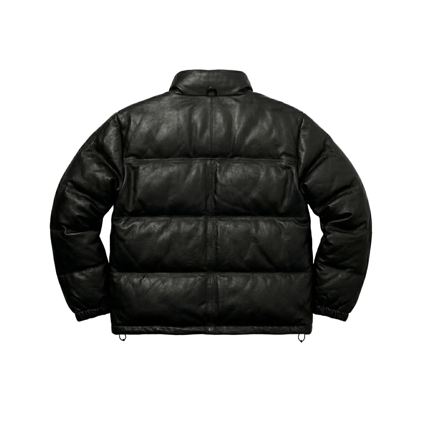 Black puffer jacket on a white background with a brand logo in the corner.