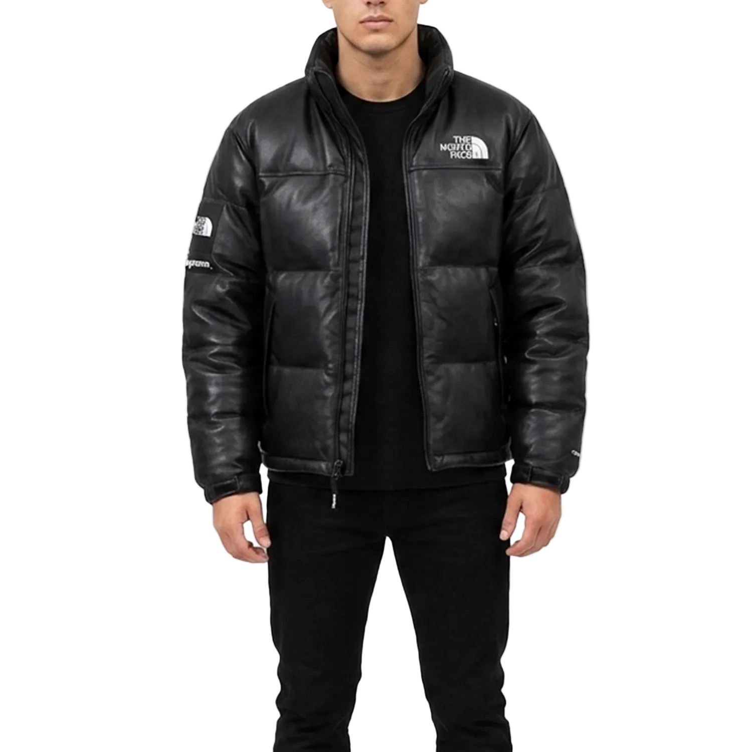 Person wearing a black leather jacket with a brand logo on a white background