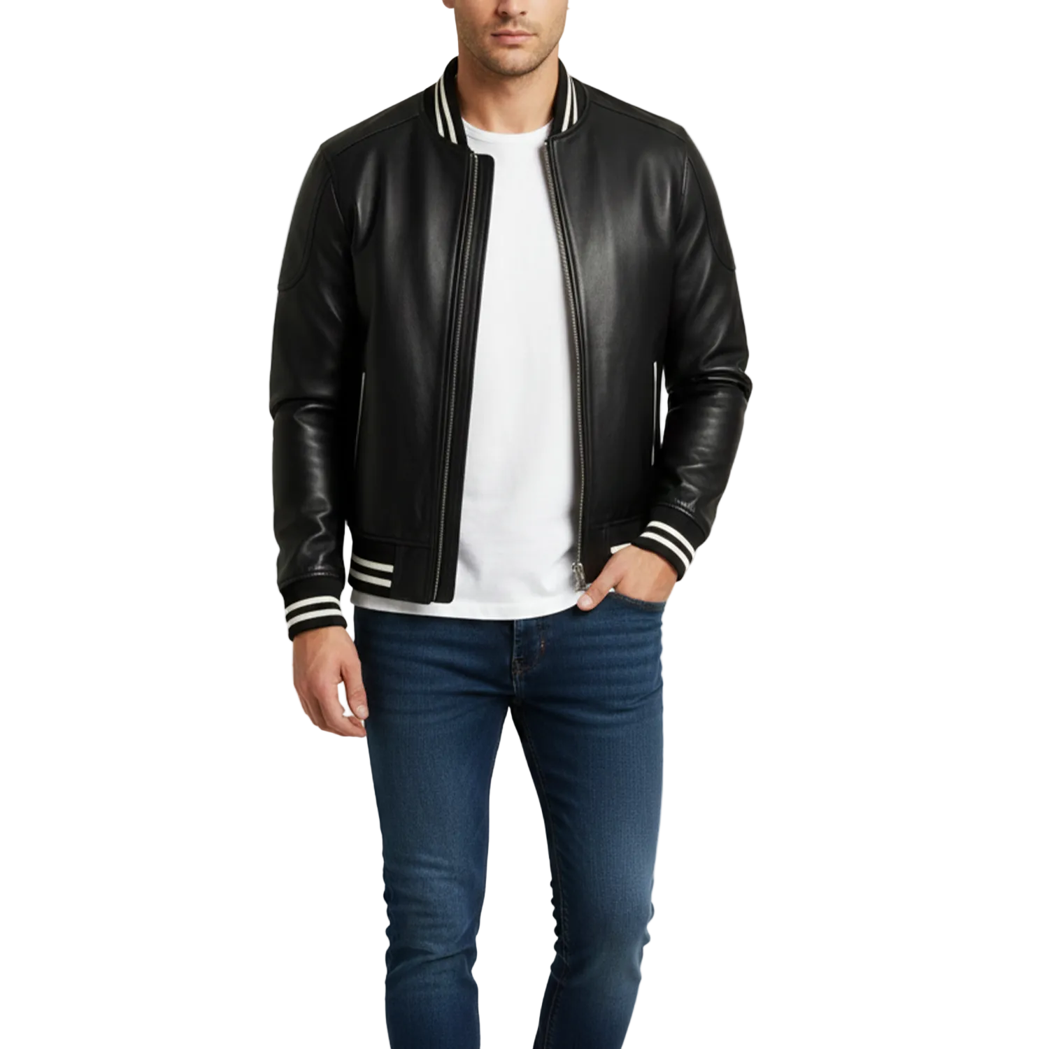 Man wearing a black leather jacket with white trim on a white background