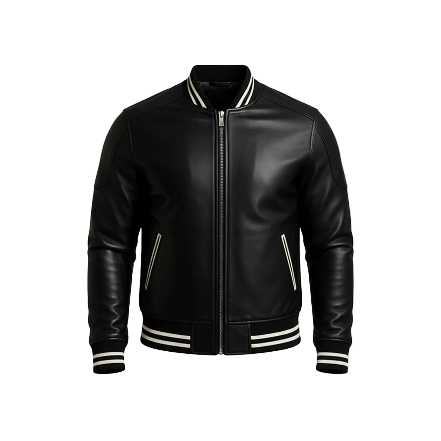 Black leather jacket with white accents on a white background