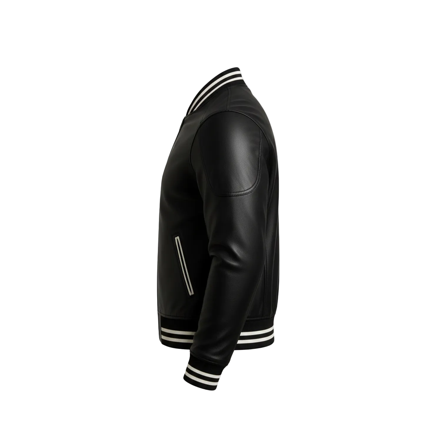 Black leather jacket with white stripes on a white background