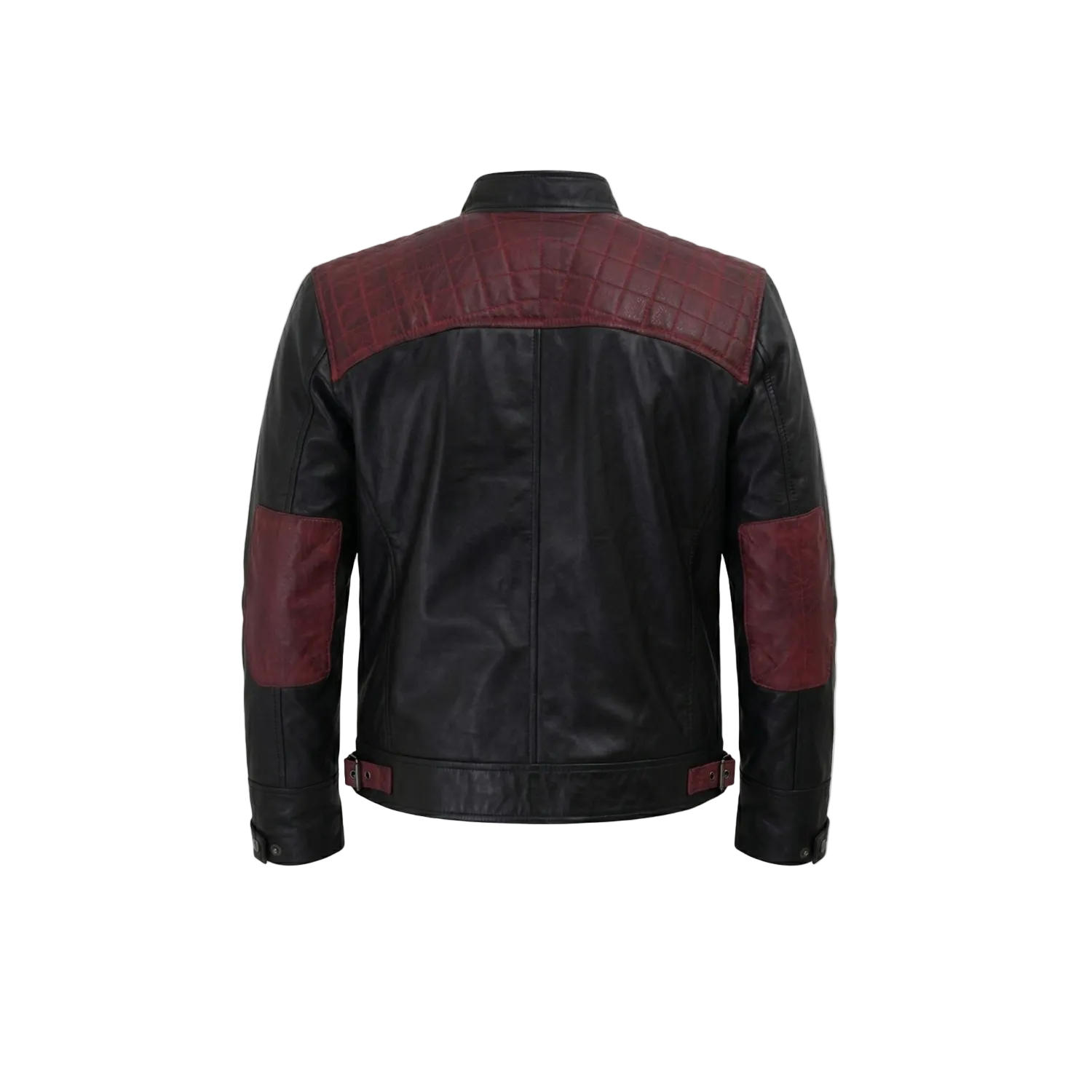 Black leather jacket with red accents on a white background