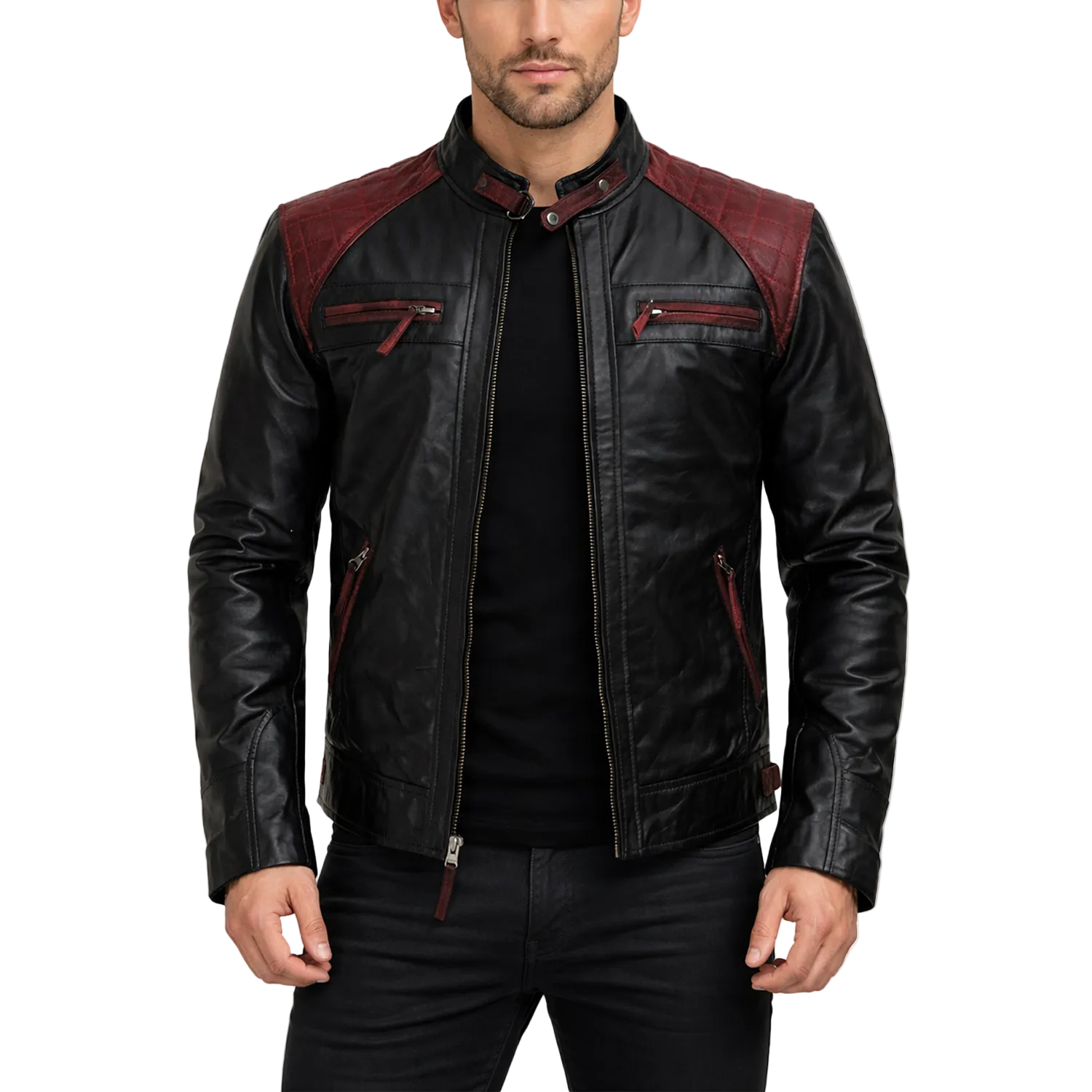 Black leather jacket with red accents on a white background
