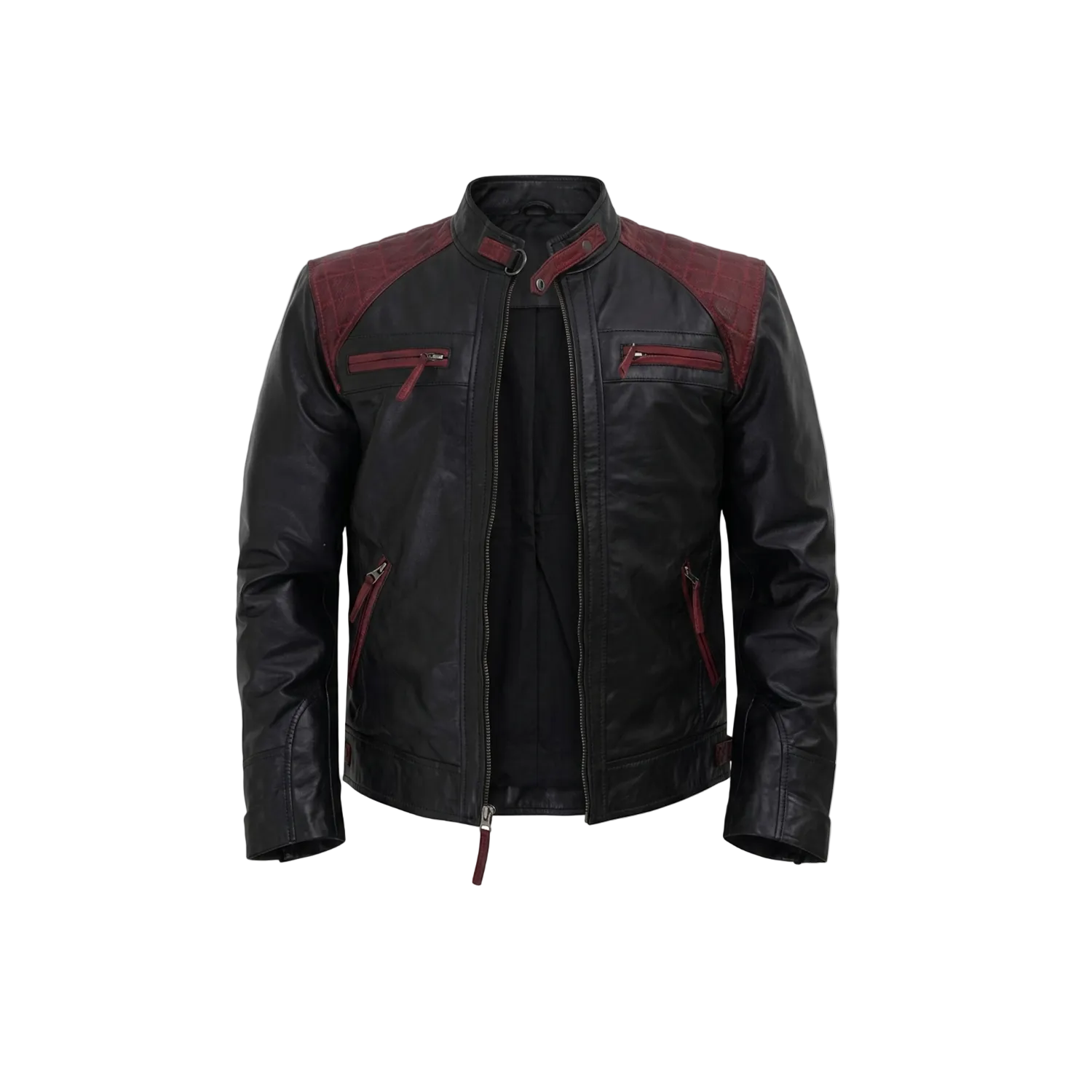 Black leather jacket with red accents on a white background