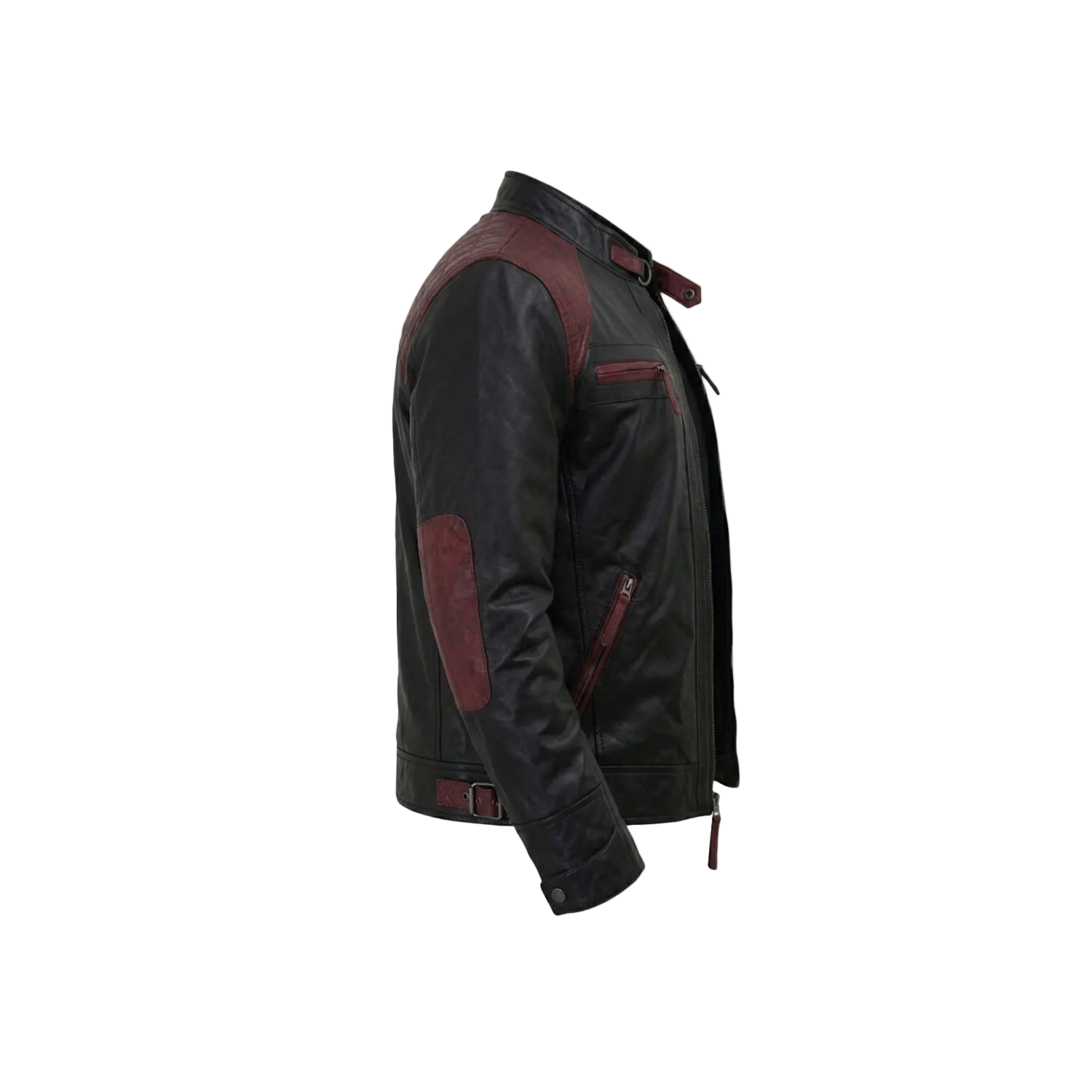 Black leather jacket with red accents on a white background