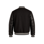 Black leather jacket with white trim on a white background