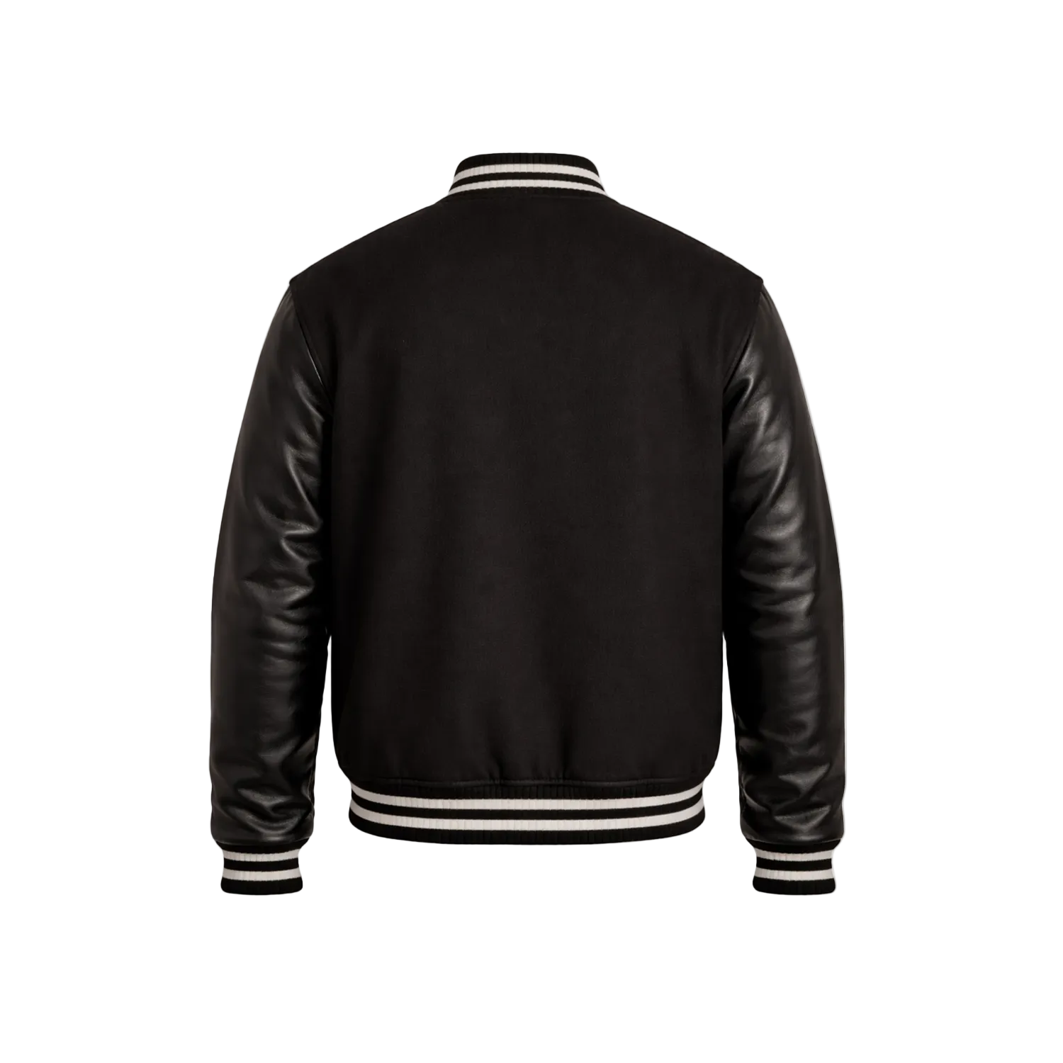 Black leather jacket with white trim on a white background