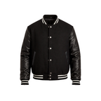 Black varsity jacket with leather sleeves on a white background