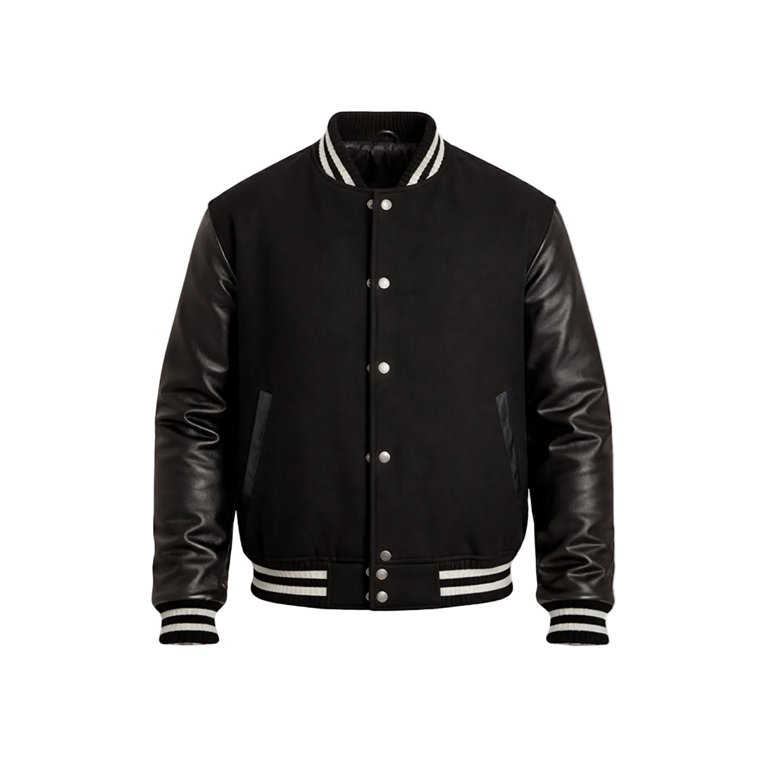 Black varsity jacket with leather sleeves on a white background