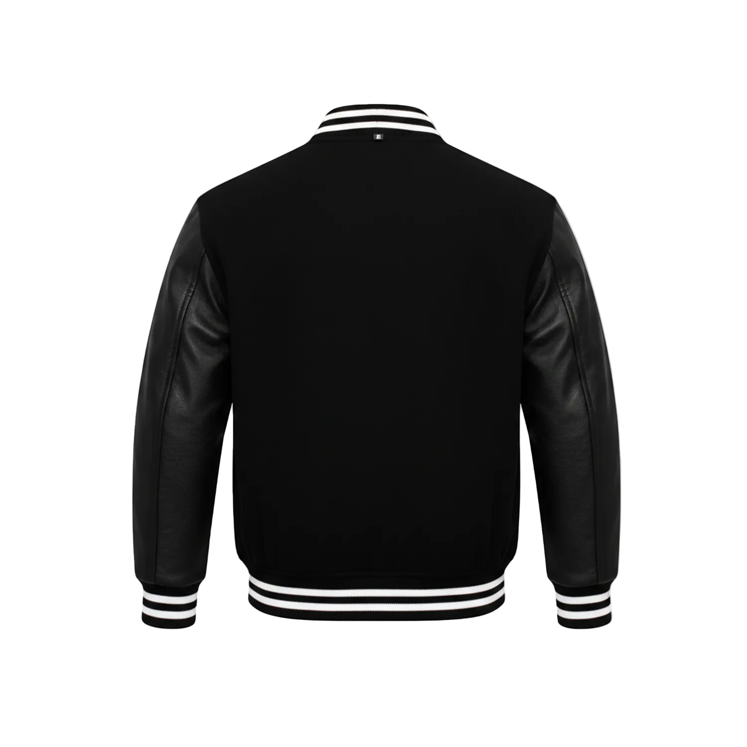 Black leather jacket with white stripes on a white background