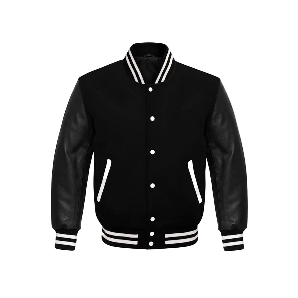 Black varsity jacket with leather sleeves on a white background