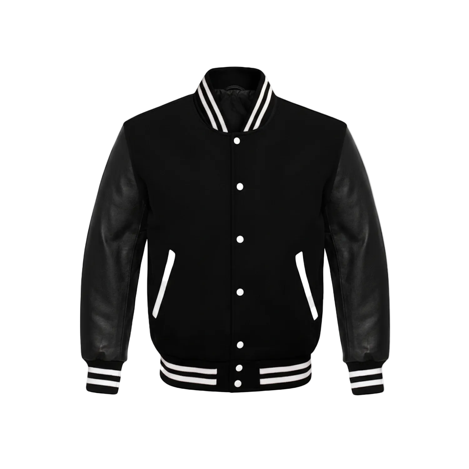Black varsity jacket with leather sleeves on a white background