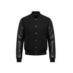 Black leather jacket with button details on a white background