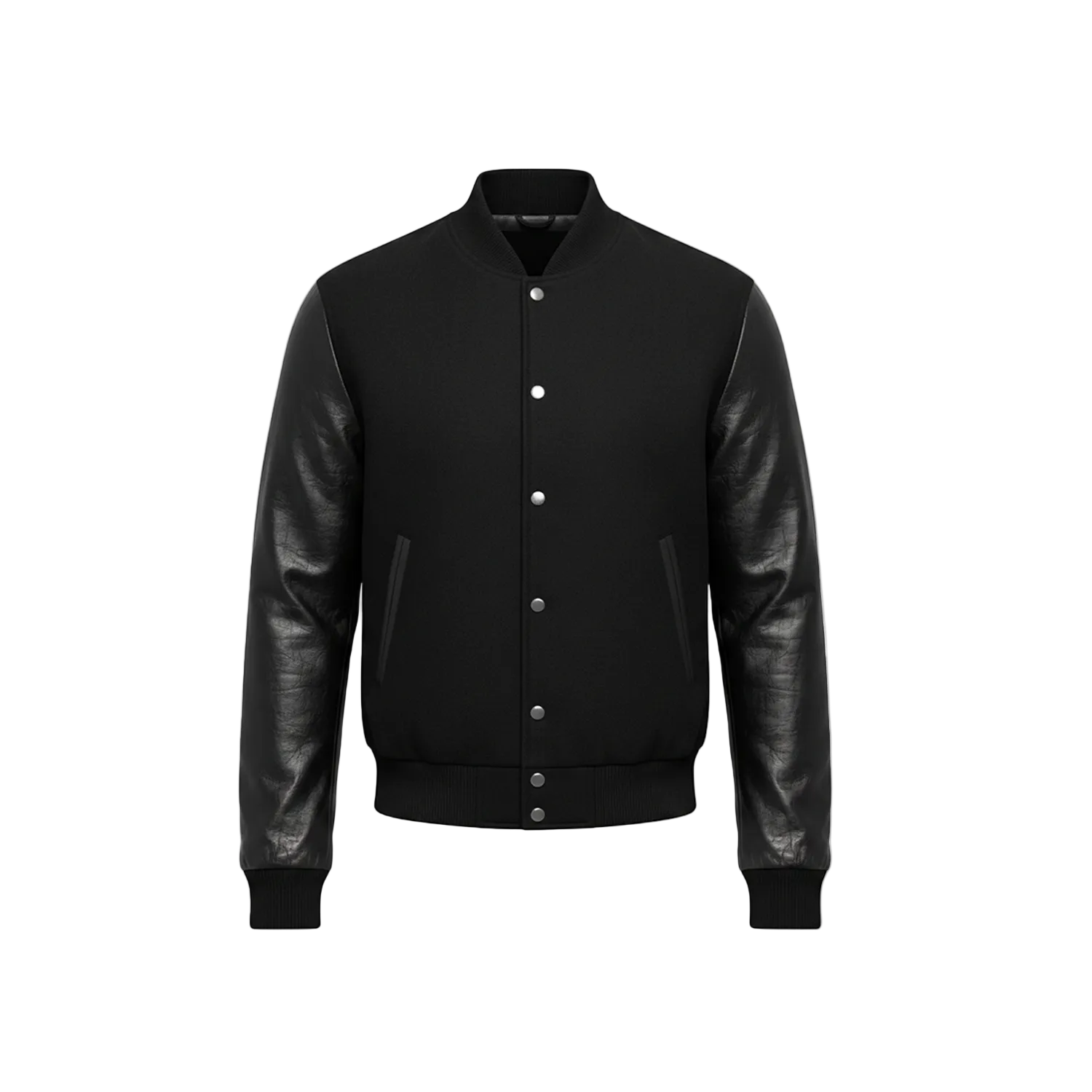 Black leather jacket with button details on a white background