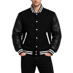 Black varsity jacket with leather sleeves on a white background