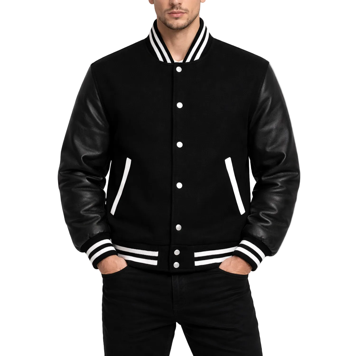 Black varsity jacket with leather sleeves on a white background
