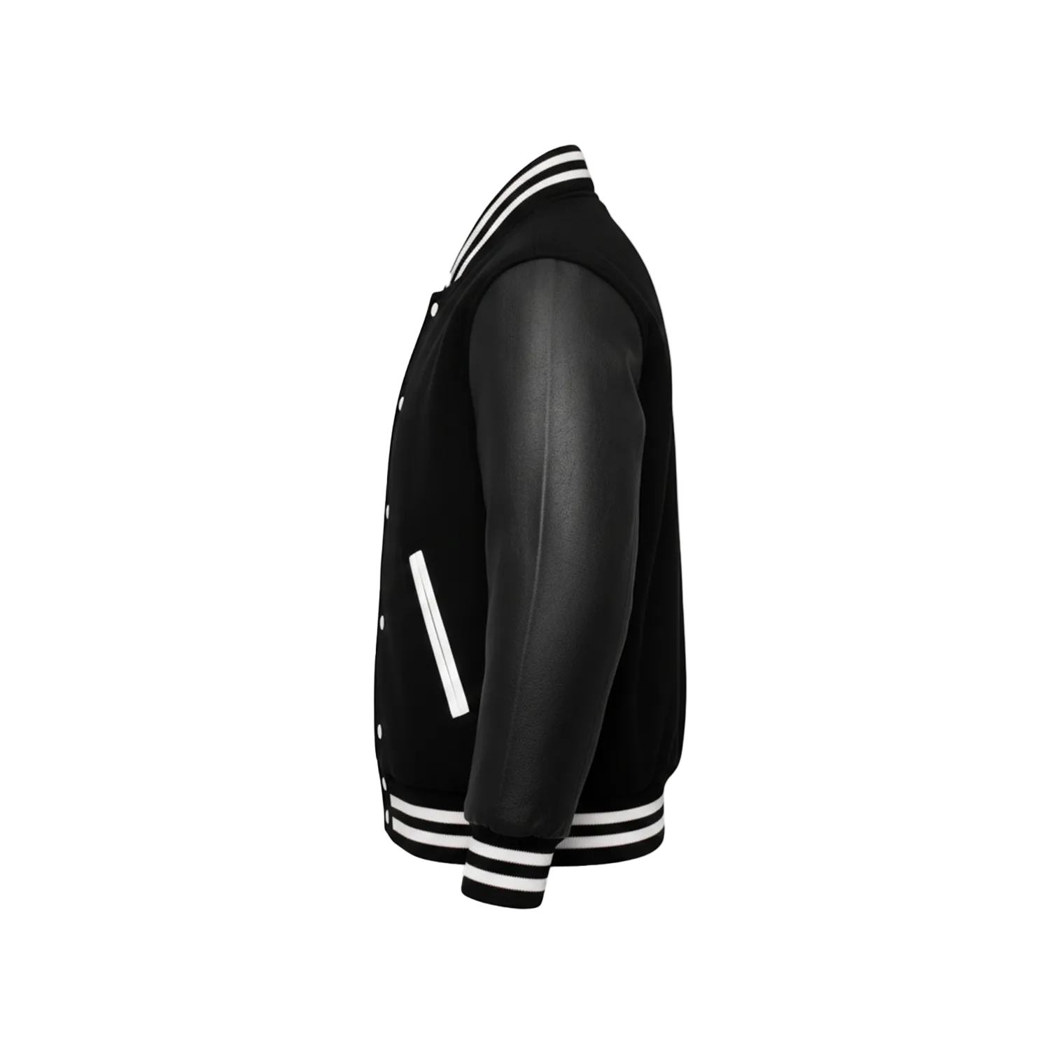 Black varsity jacket with white accents on a white background
