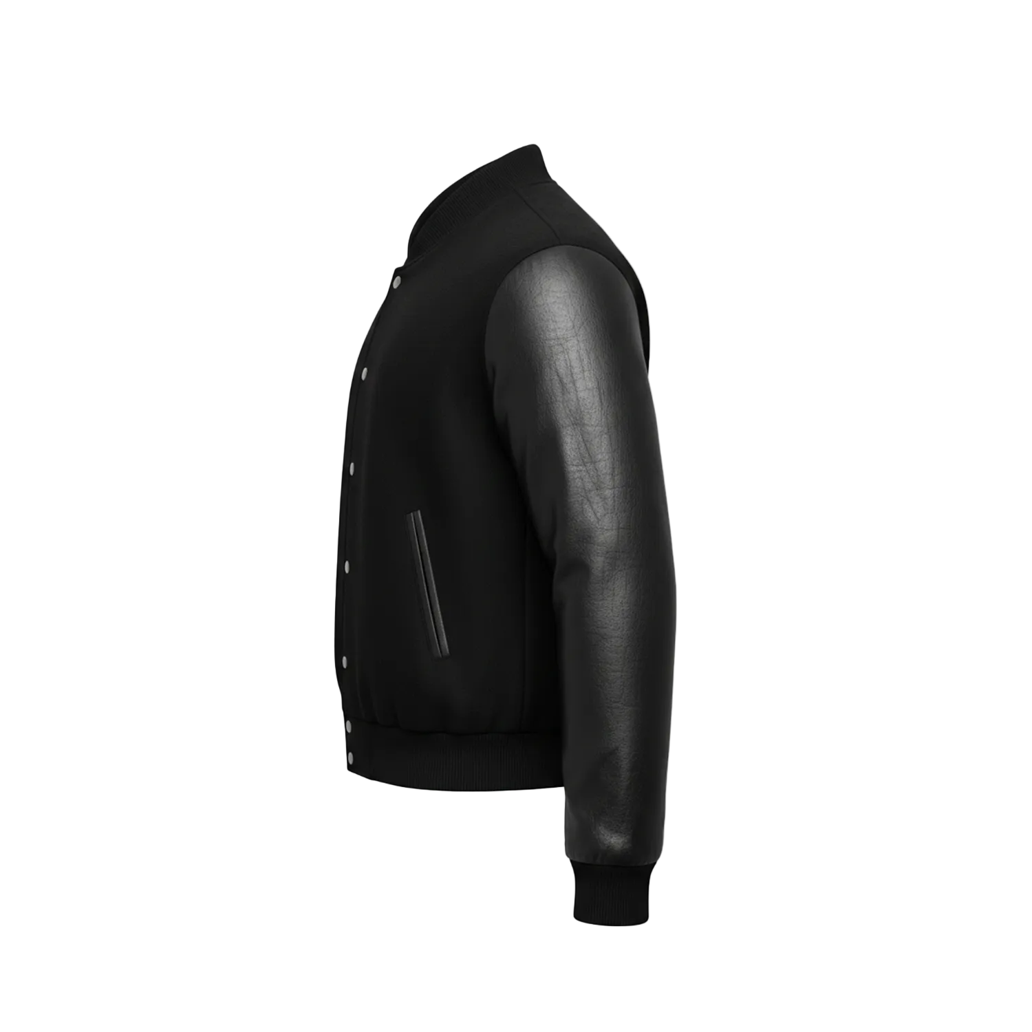 Black leather jacket on a white background with a brand logo.