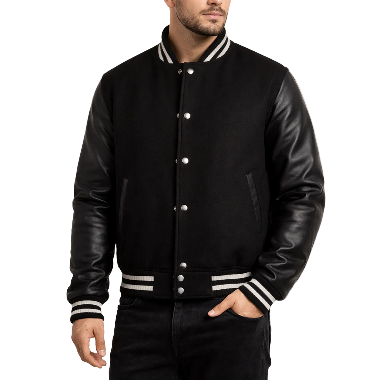 Black varsity jacket with leather sleeves worn by a person on a white background
