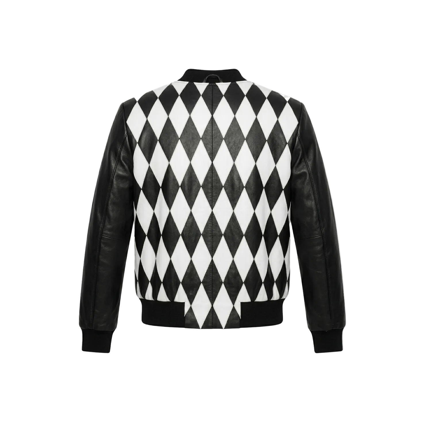 Black and white checkered jacket with leather sleeves on a white background