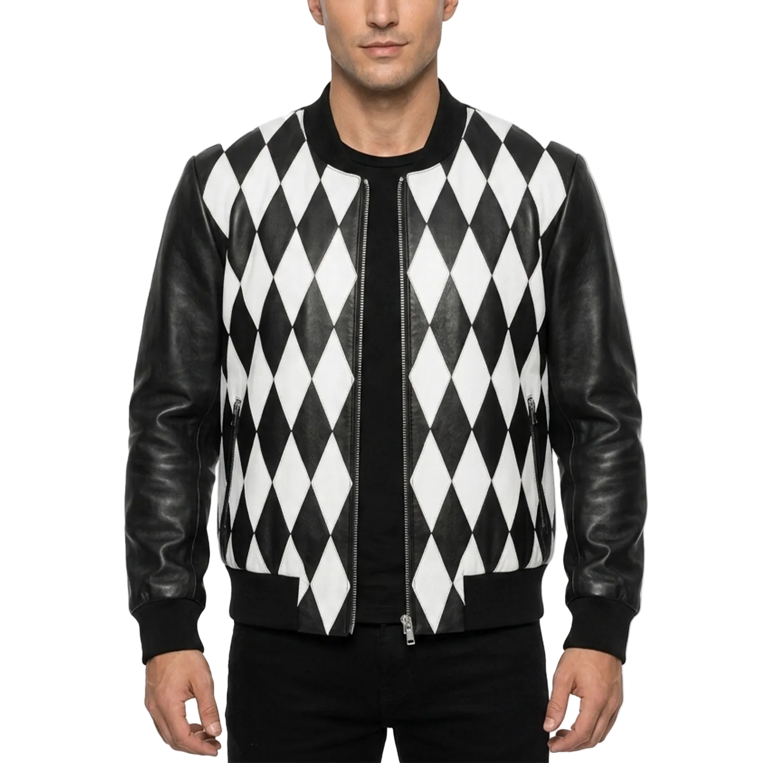 Man wearing a black and white checkered jacket with leather sleeves on a white background