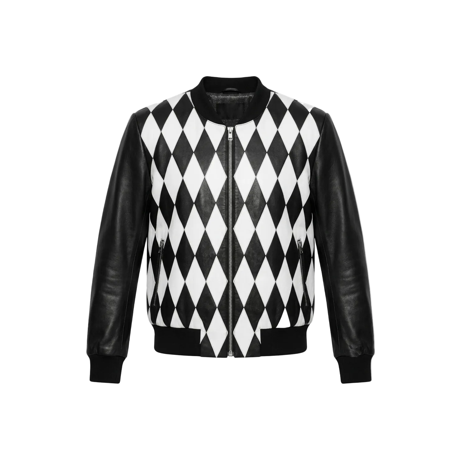 Black and white checkered jacket with leather sleeves on a white background