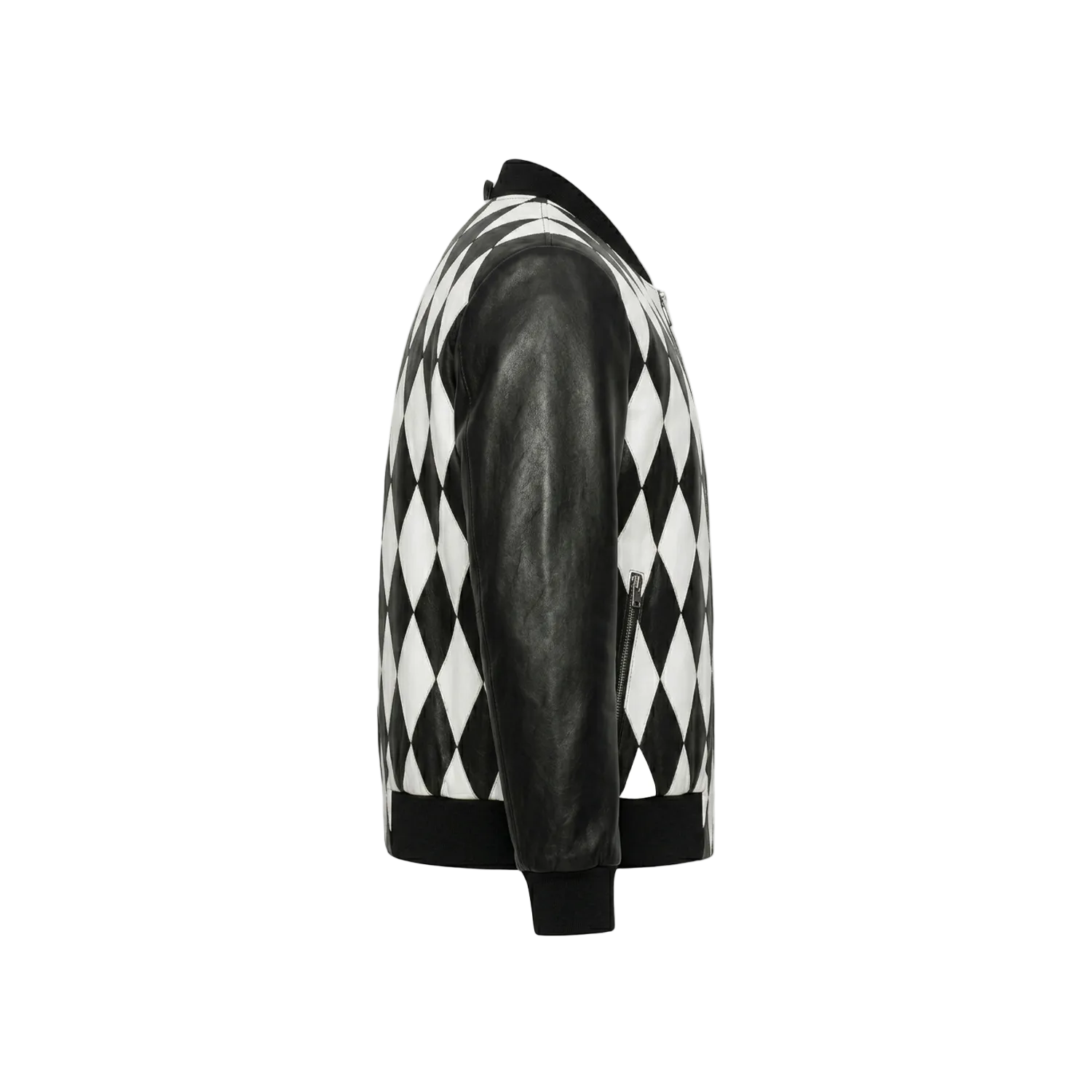 Black and white checkered jacket on a white background with brand logo.