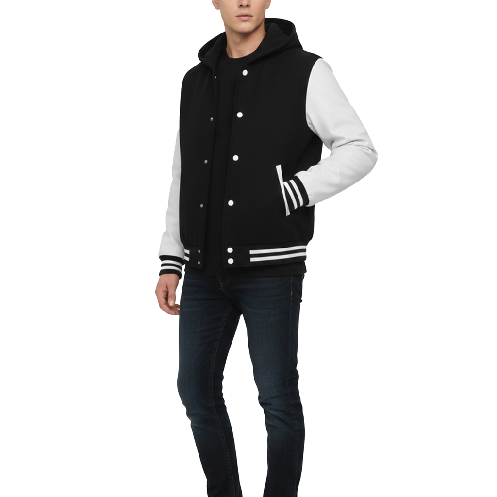 Black and white varsity jacket worn by a person on a white background