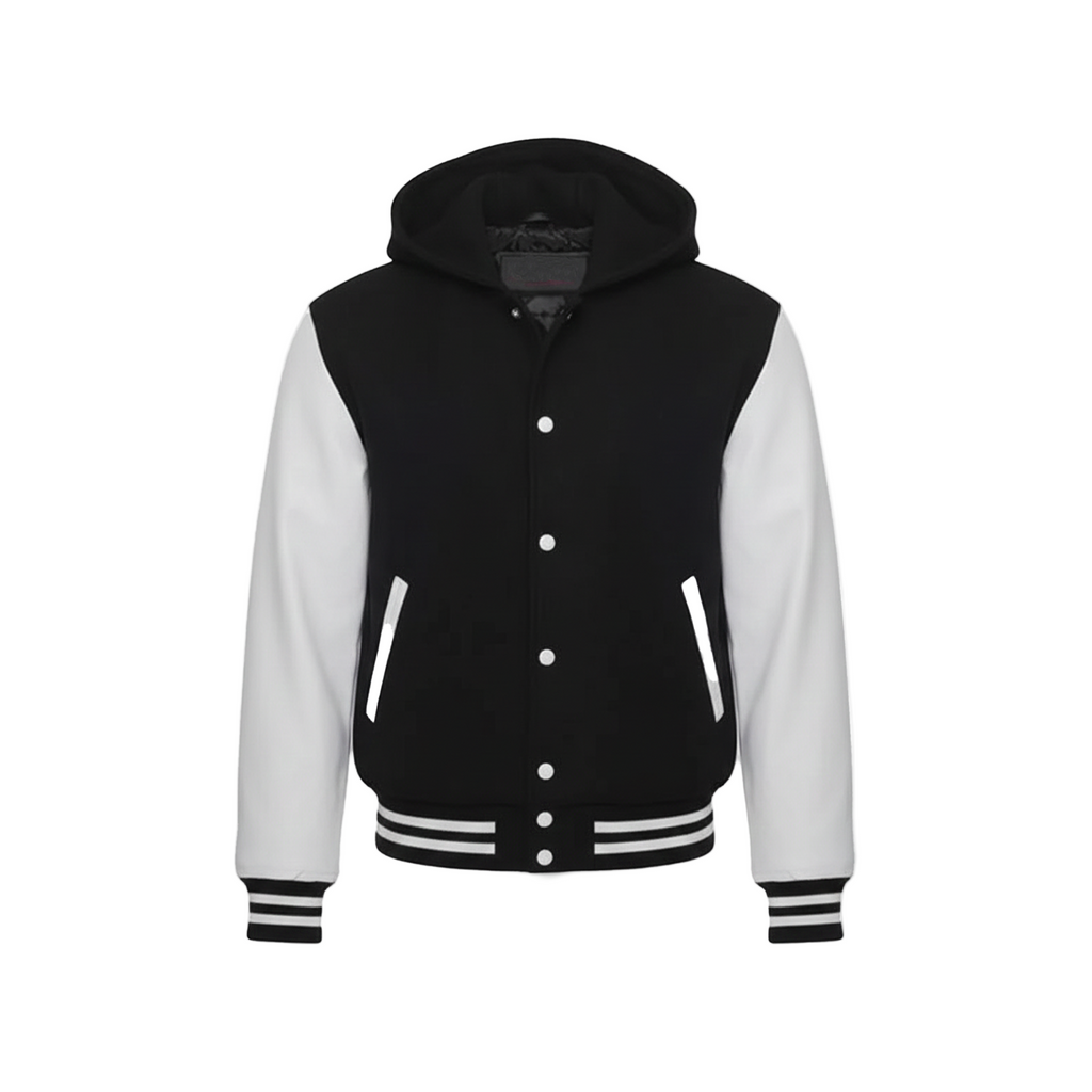 Black and white varsity jacket with a hood on a white background