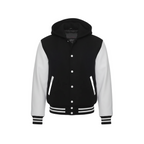 Black and white varsity jacket with a hood on a white background