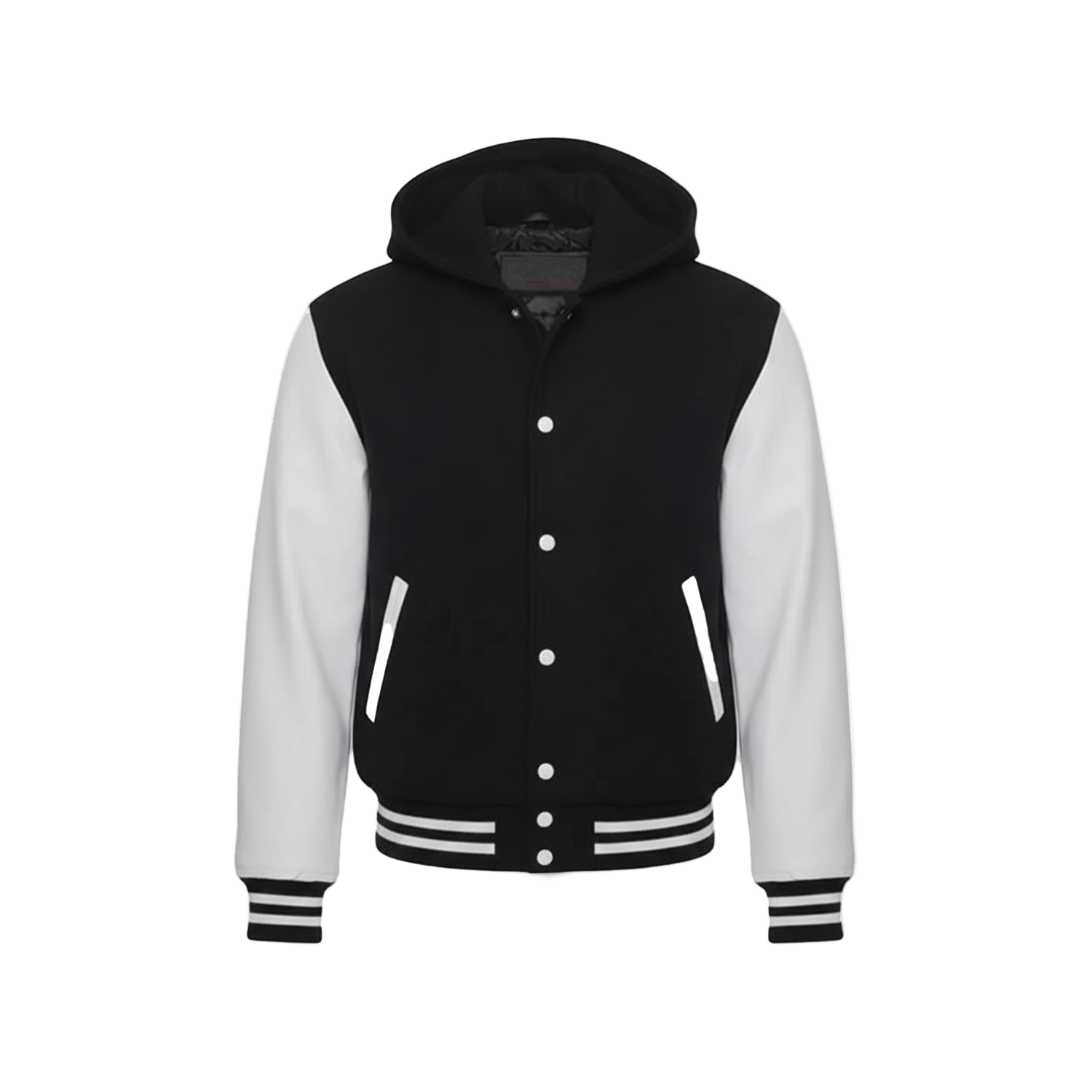Black and white varsity jacket with a hood on a white background