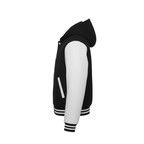 Black and white varsity jacket on a white background