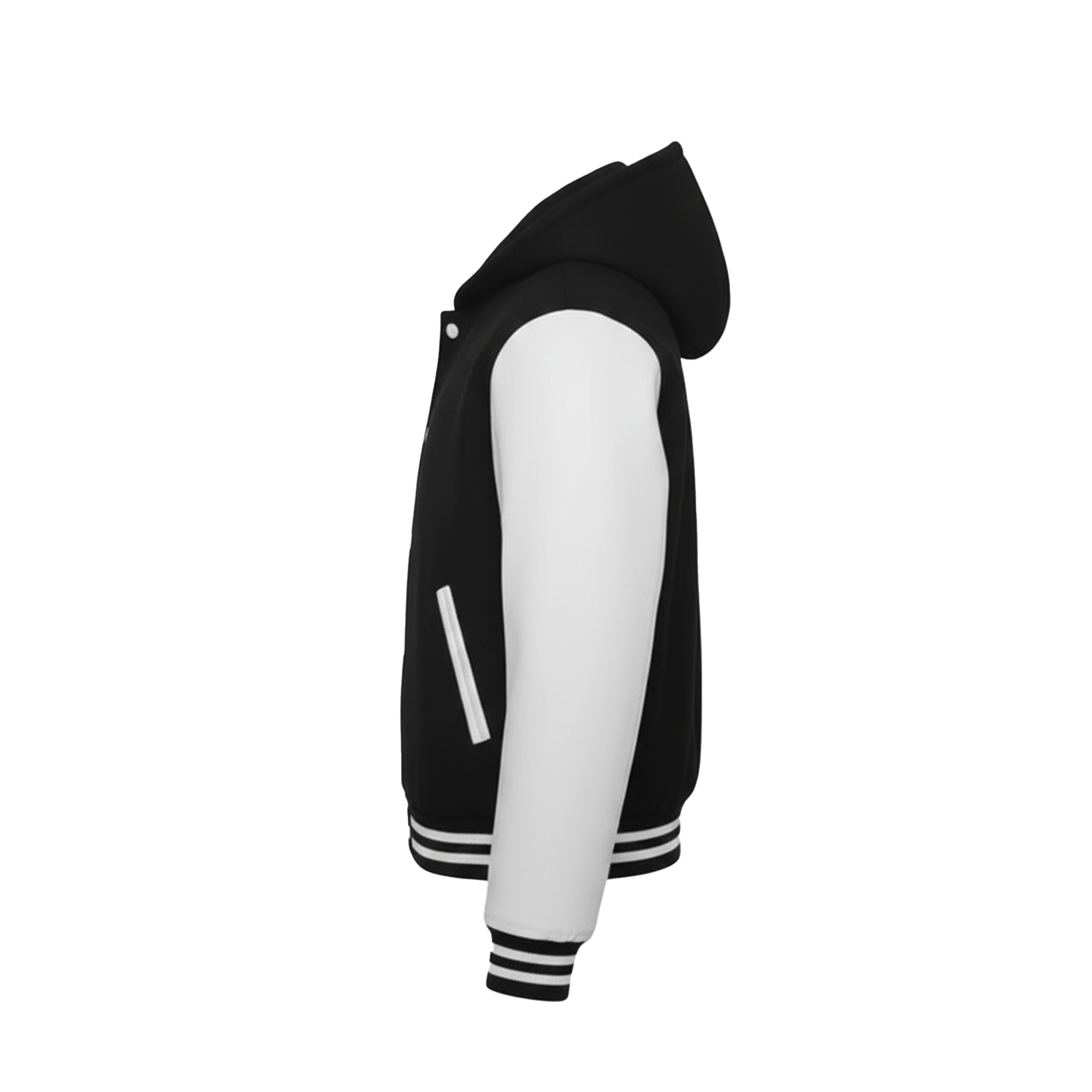 Black and white varsity jacket on a white background