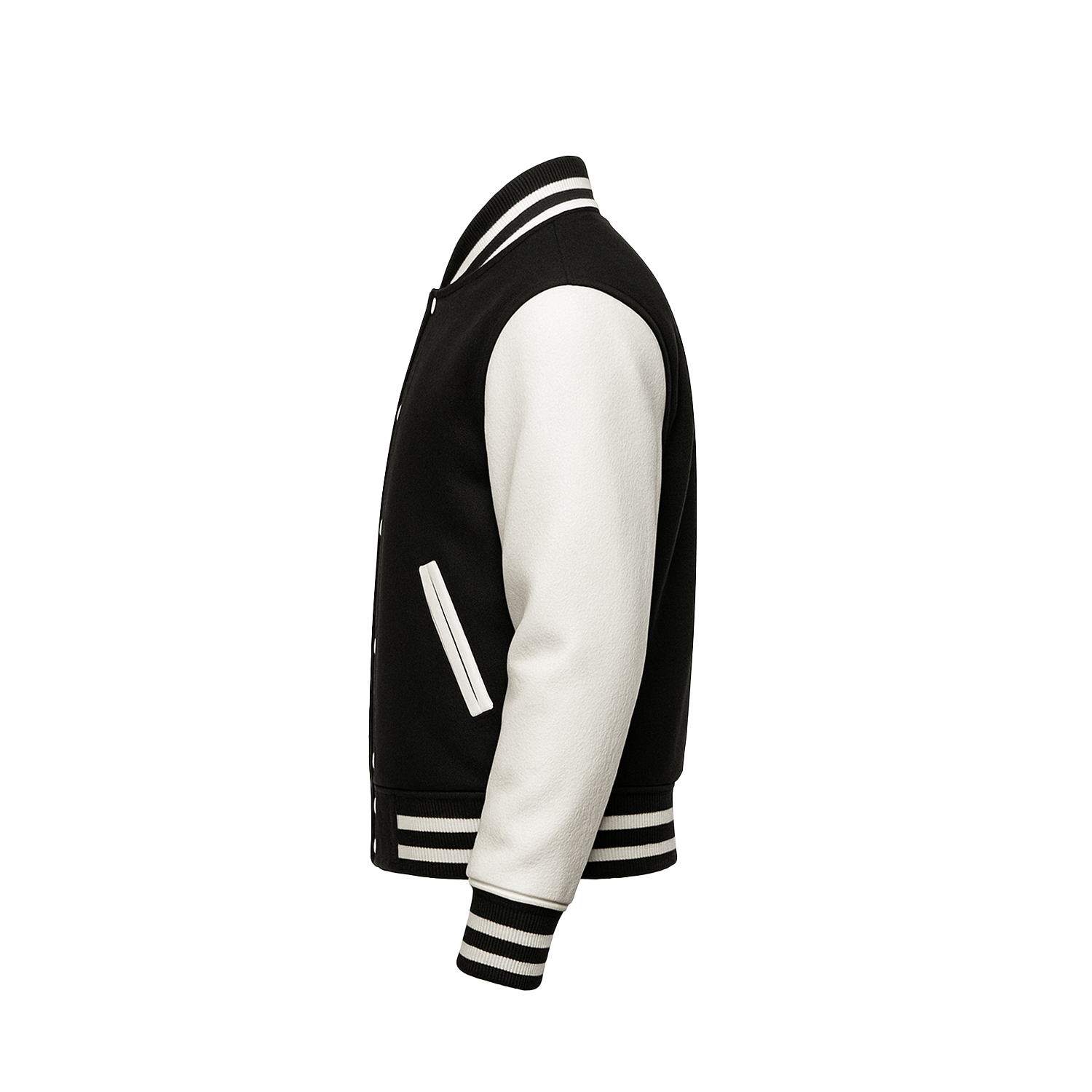 Black and white varsity jacket on a white background
