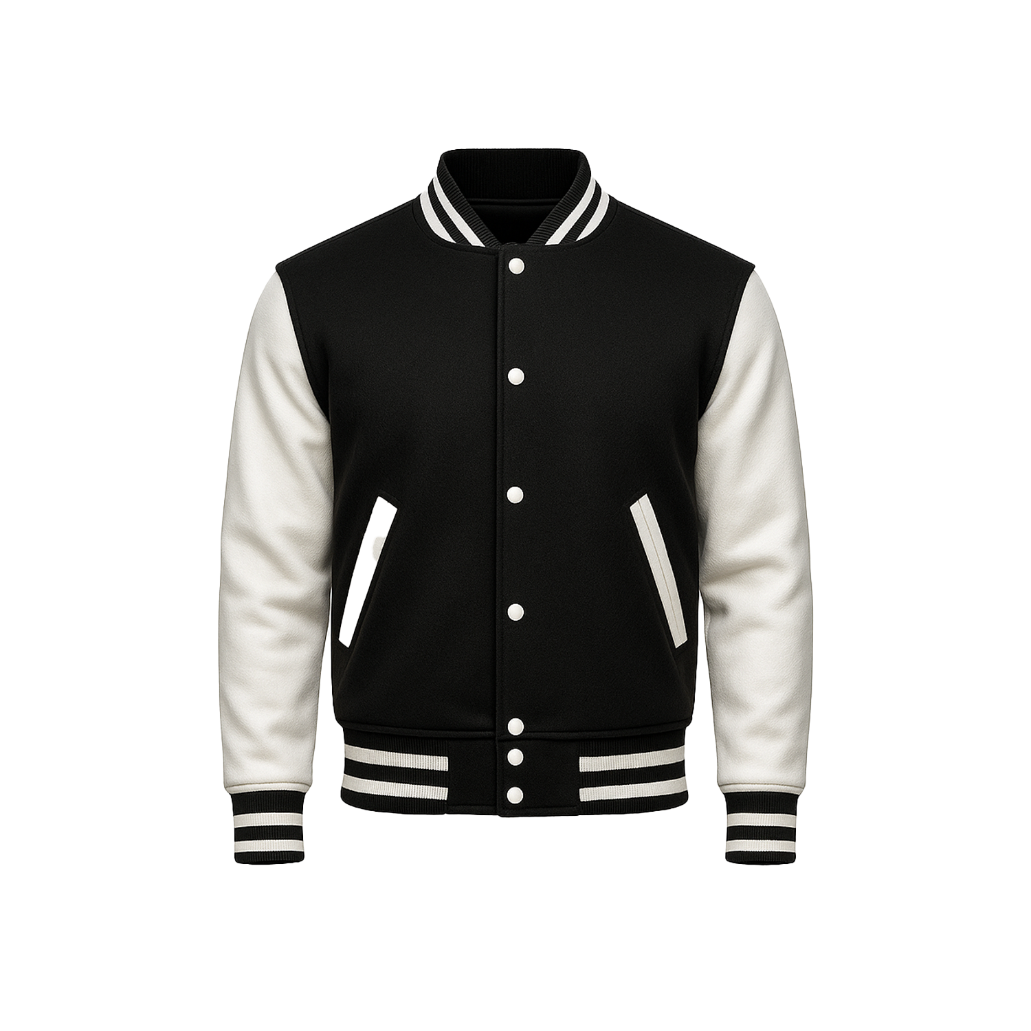 Black and white varsity jacket on a white background