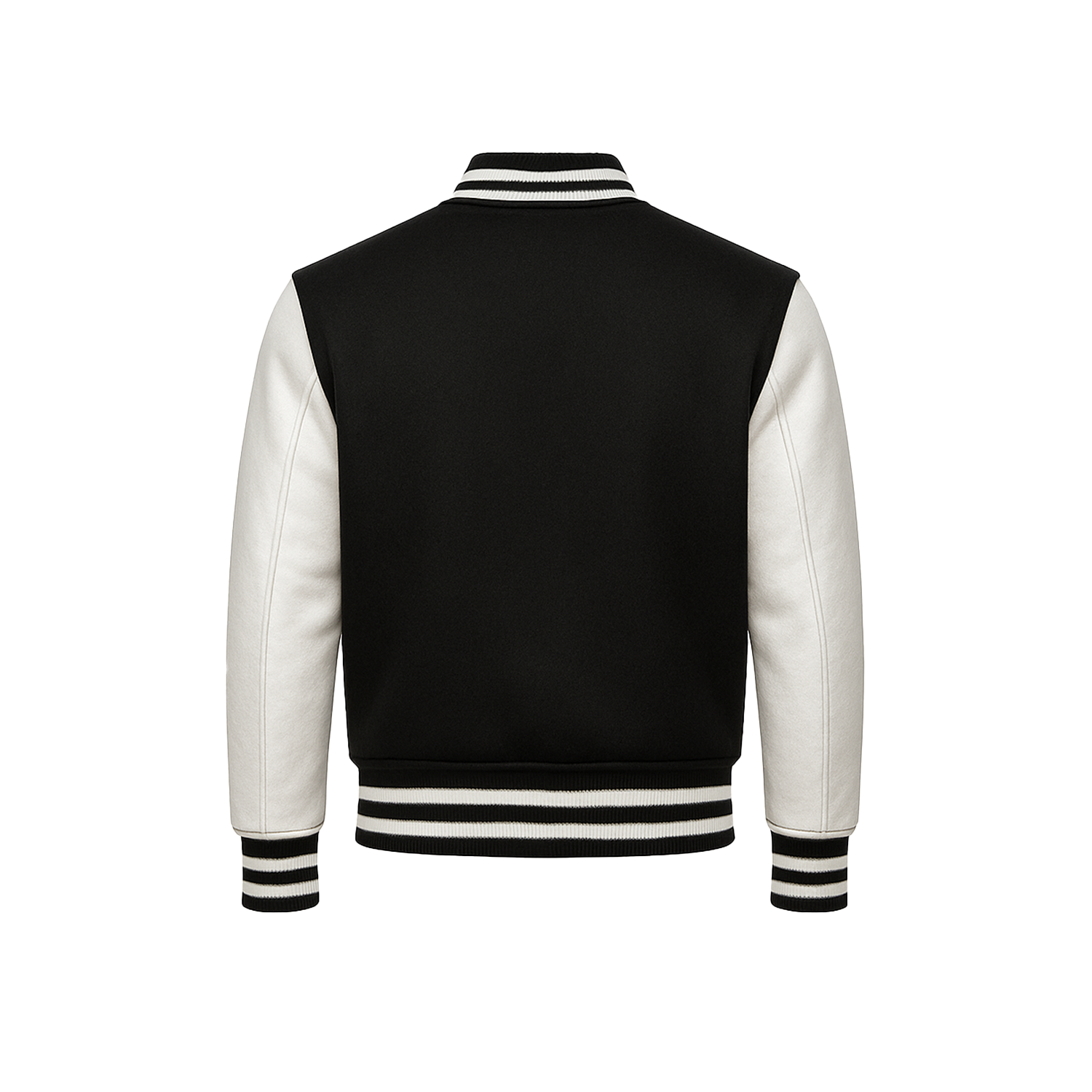 Black and white varsity jacket on a white background