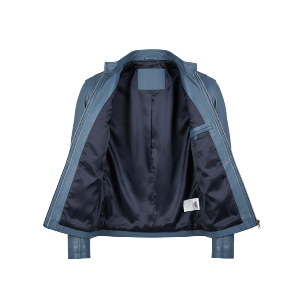 Blue jacket with black interior on a white background