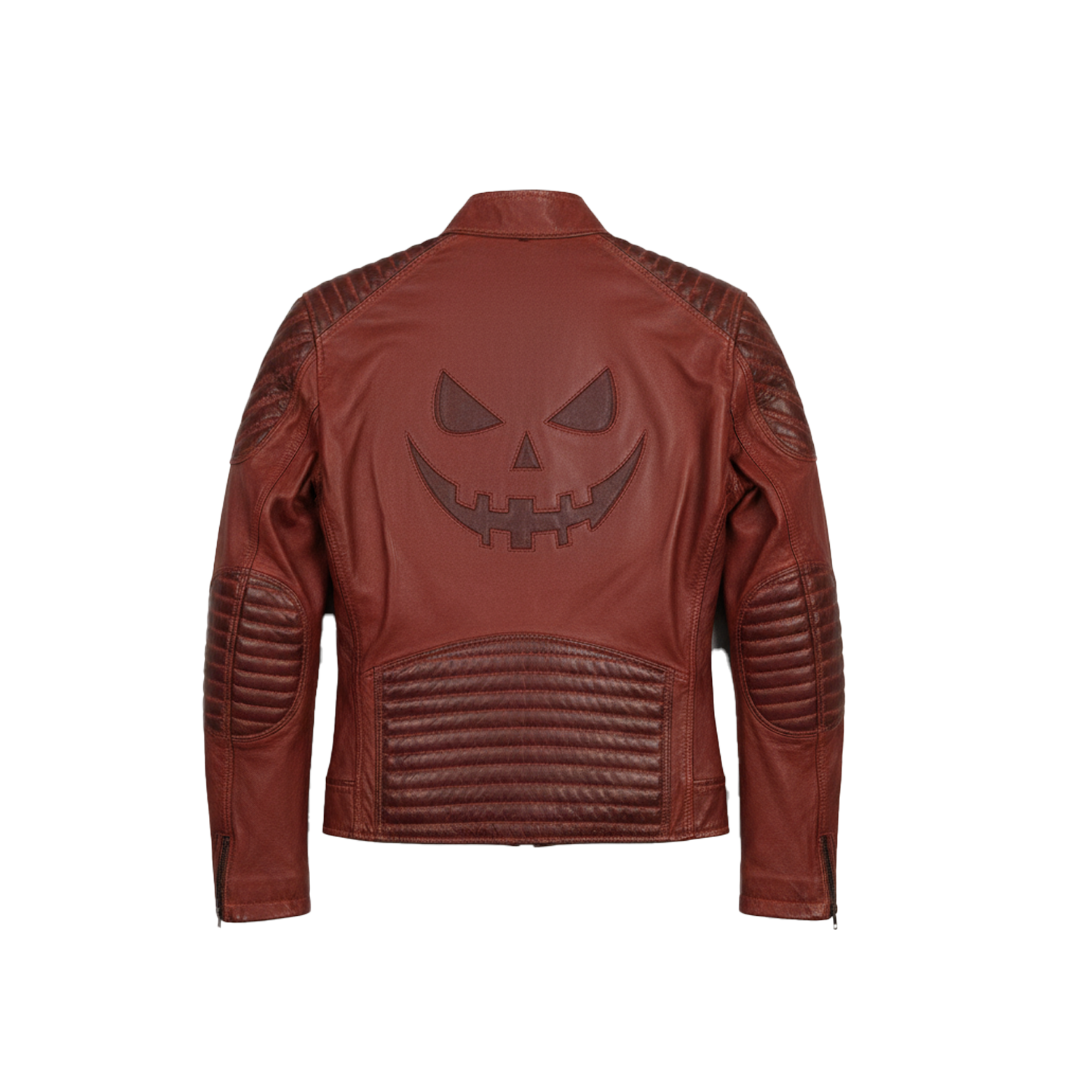 Brown leather jacket with a pumpkin face design on a white background