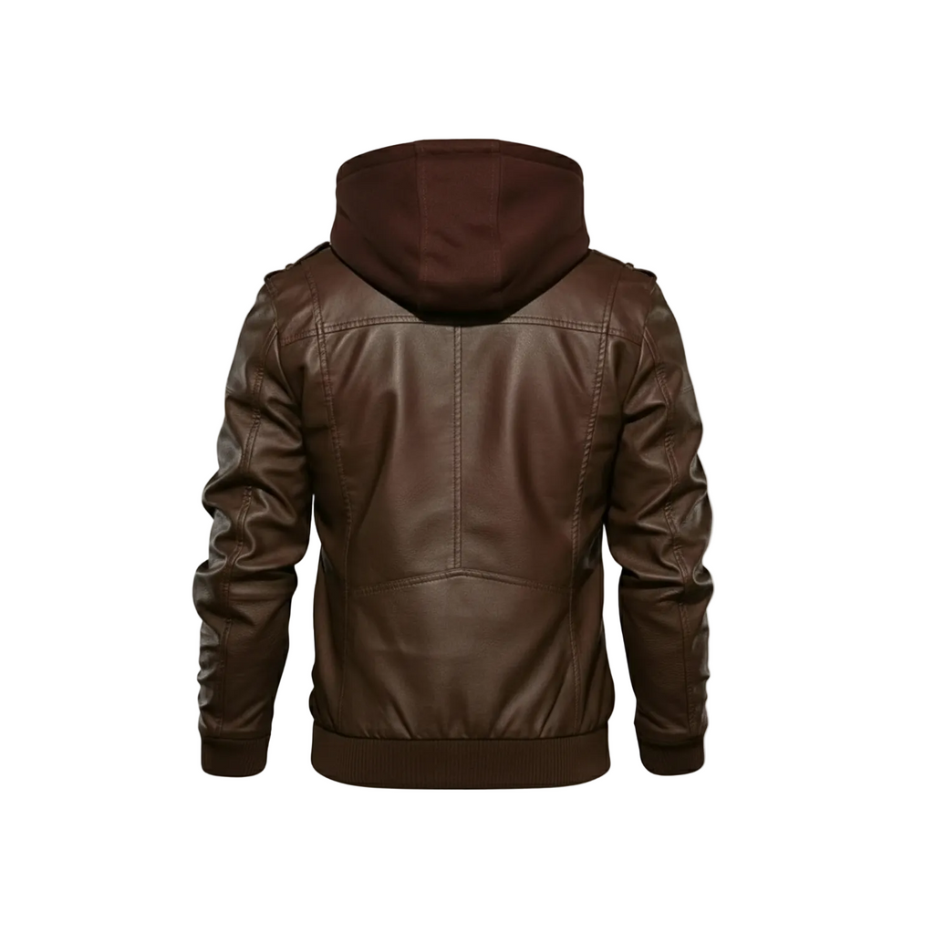 Brown leather jacket with hood on a white background