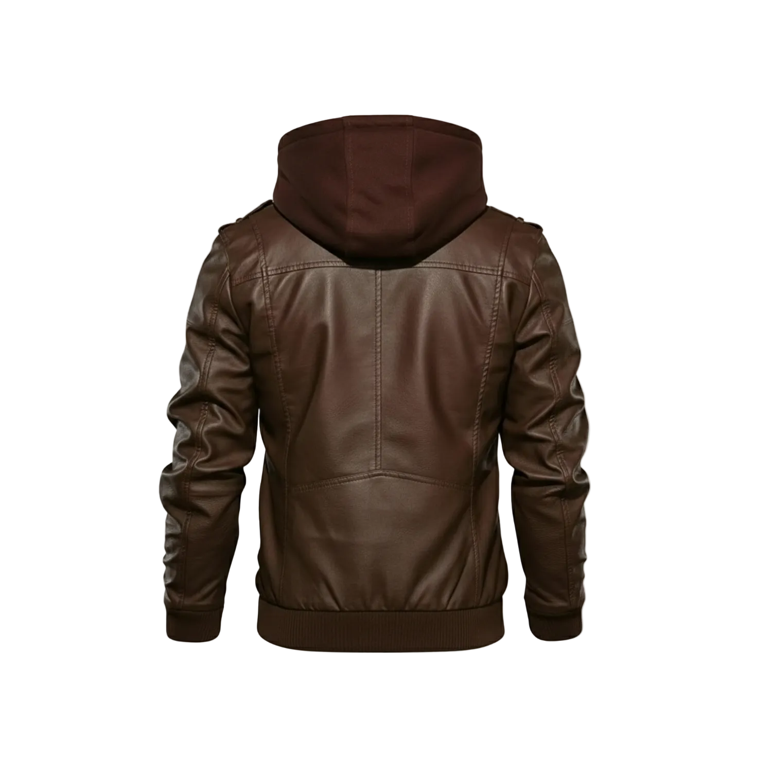 Brown leather jacket with hood on a white background