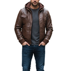 Man wearing a brown leather jacket with a hood on a white background