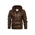 Brown leather jacket with a hood on a white background