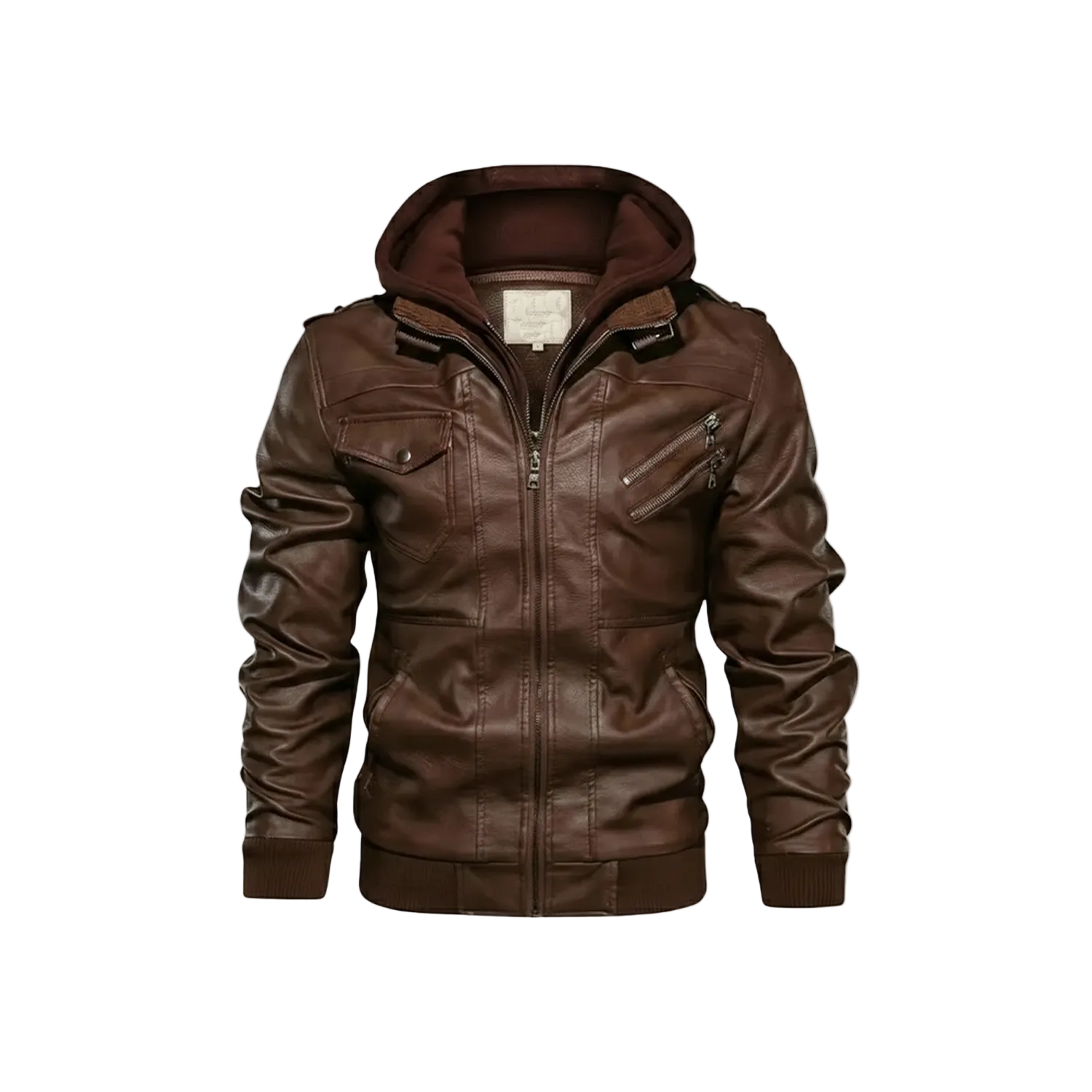 Brown leather jacket with a hood on a white background