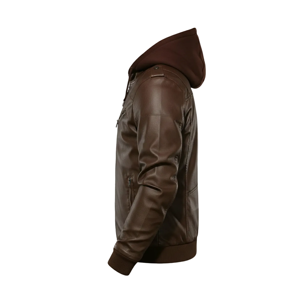 Brown leather jacket with a hood on a white background