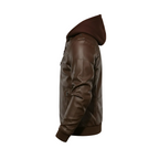 Brown leather jacket with a hood on a white background