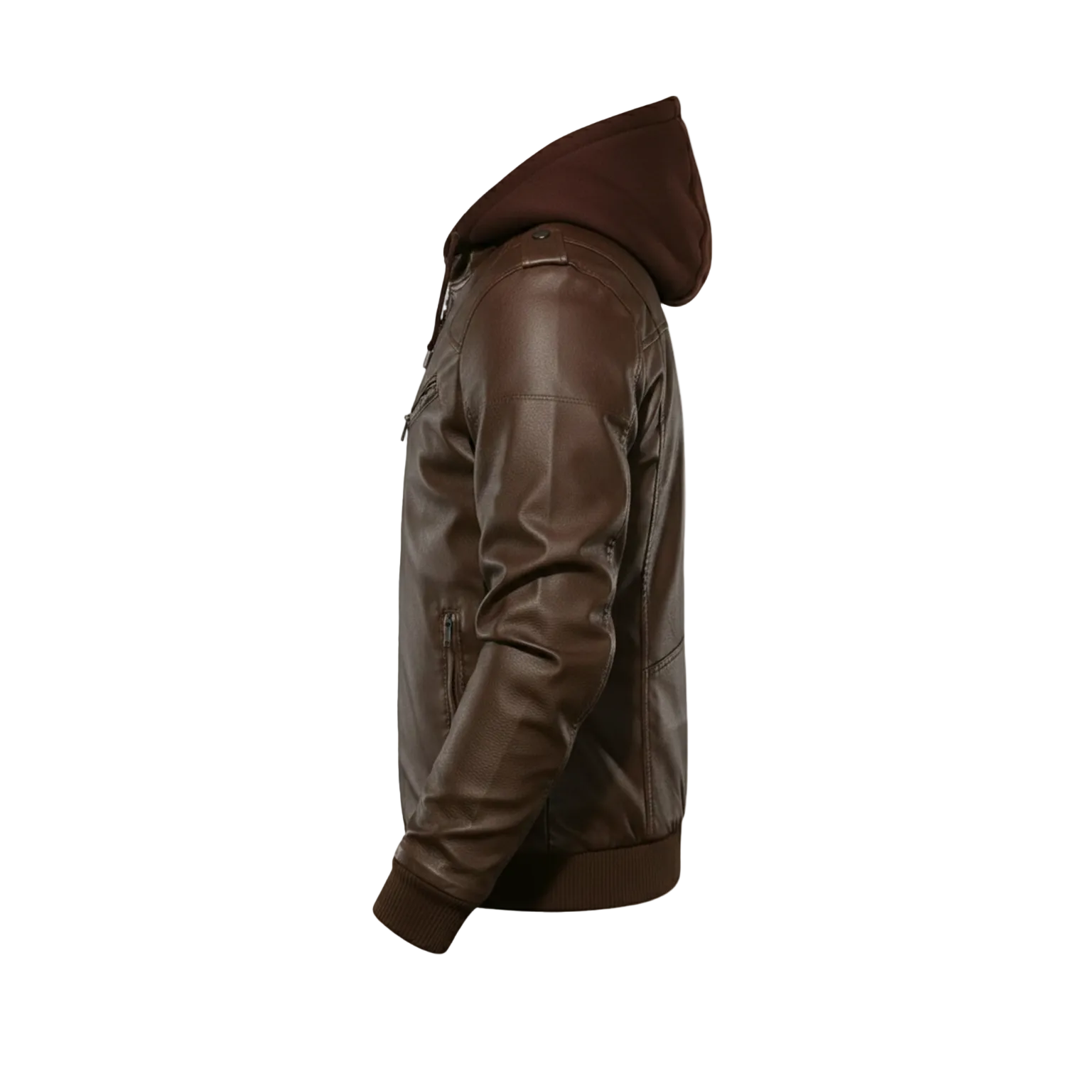 Brown leather jacket with a hood on a white background