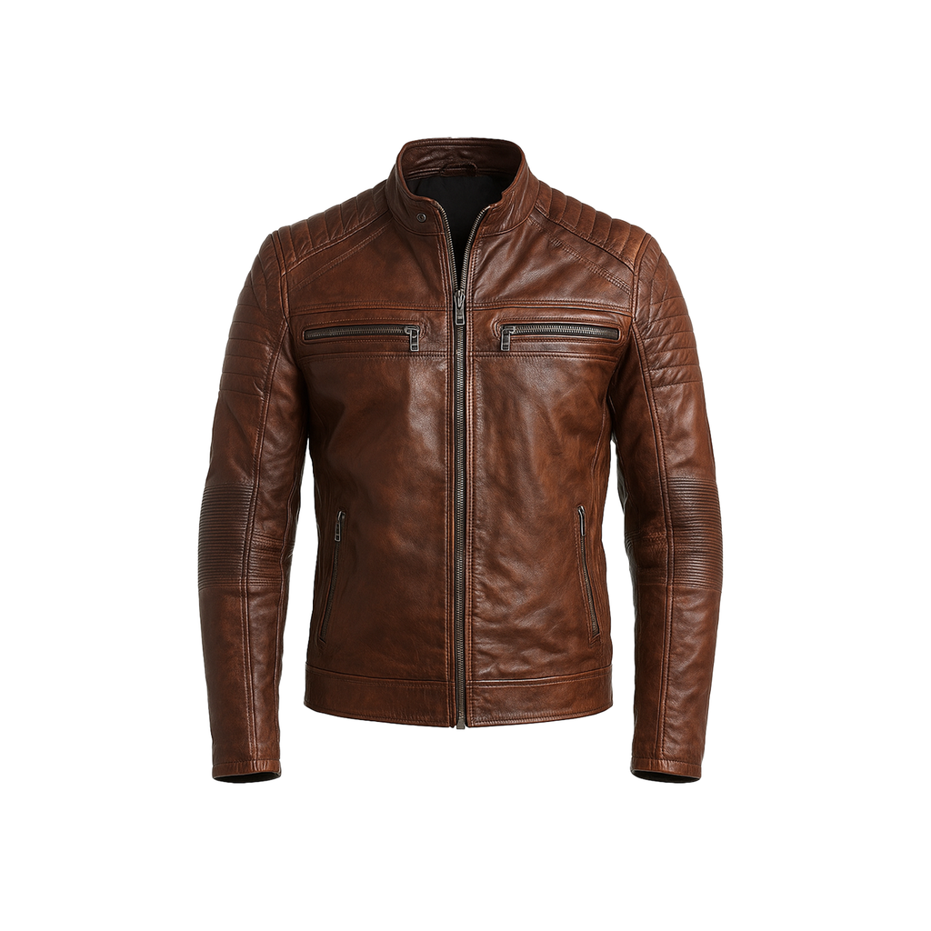 Brown leather jacket on a white background